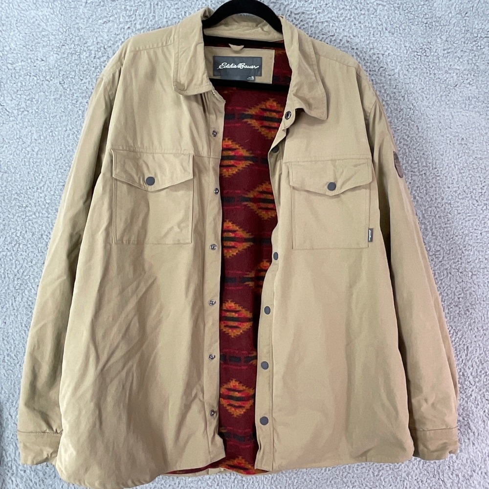 Eddie Bauer Shirt Jacket Mens XL Tan  Fleece Lined Snaps Aztec Southwest Utility